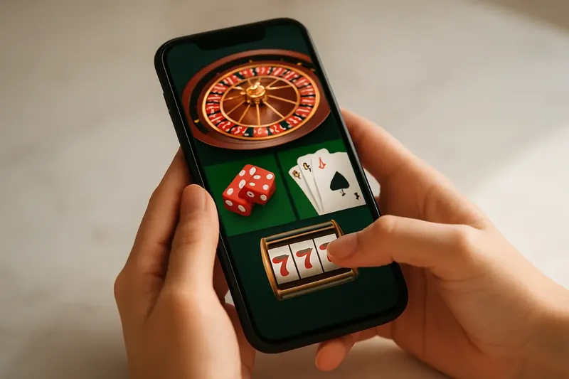 Close-up hands holding smartphone with casino app on marble surface