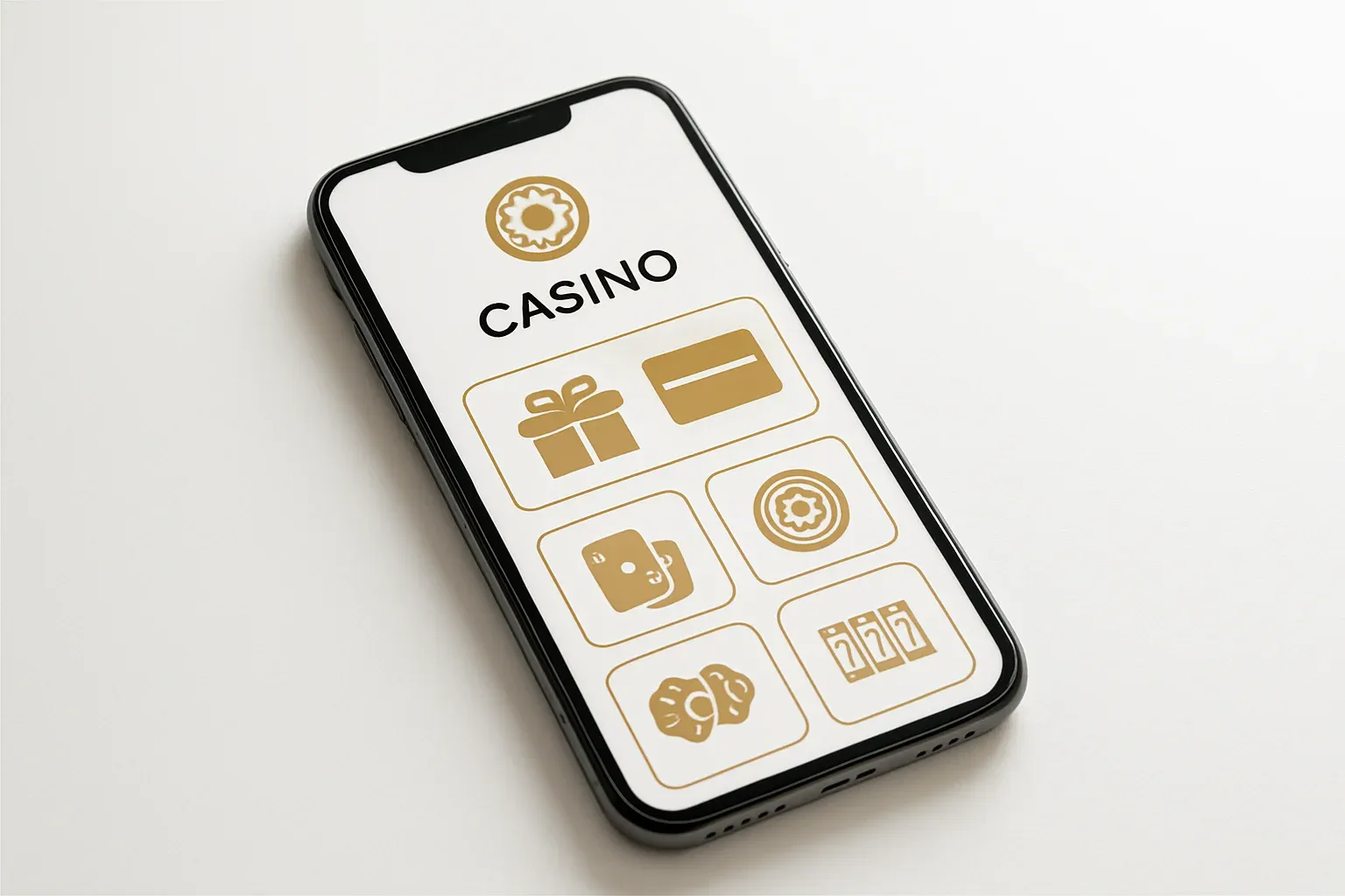 Modern smartphone displaying sleek casino app games and bonuses on white