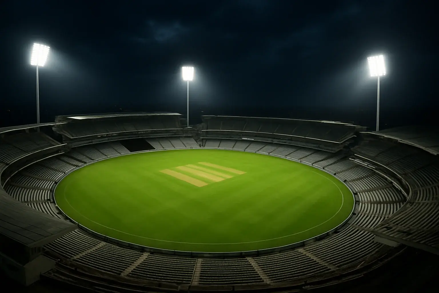 Aerial night view of cricket stadium with floodlights and vibrant green pitch