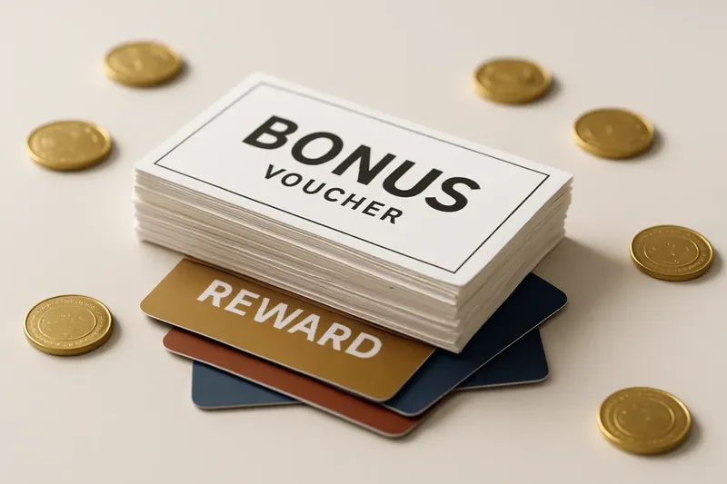 Stack of casino bonus vouchers and reward cards with scattered gold coins