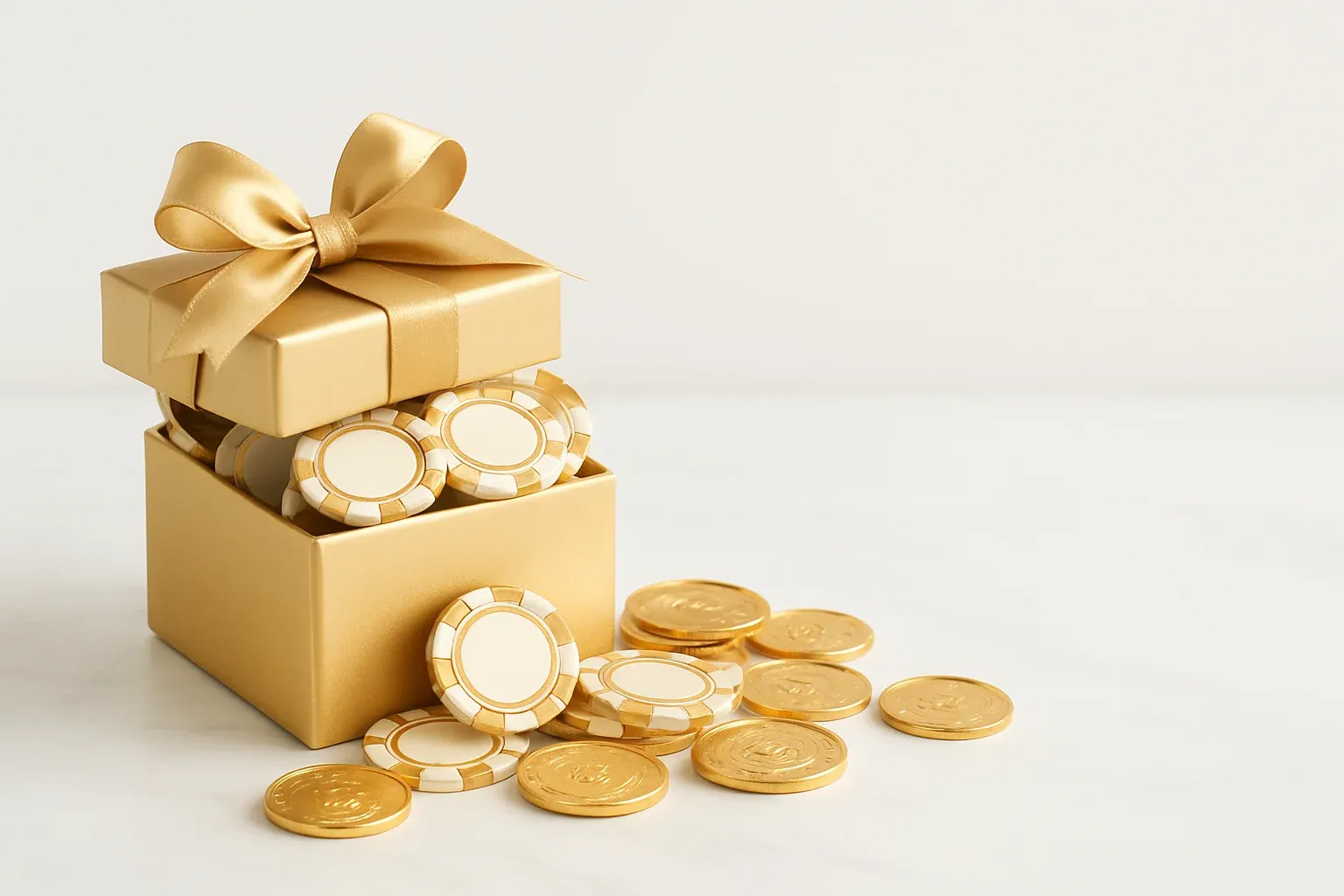 Golden gift box overflowing with poker chips and gold coins on marble