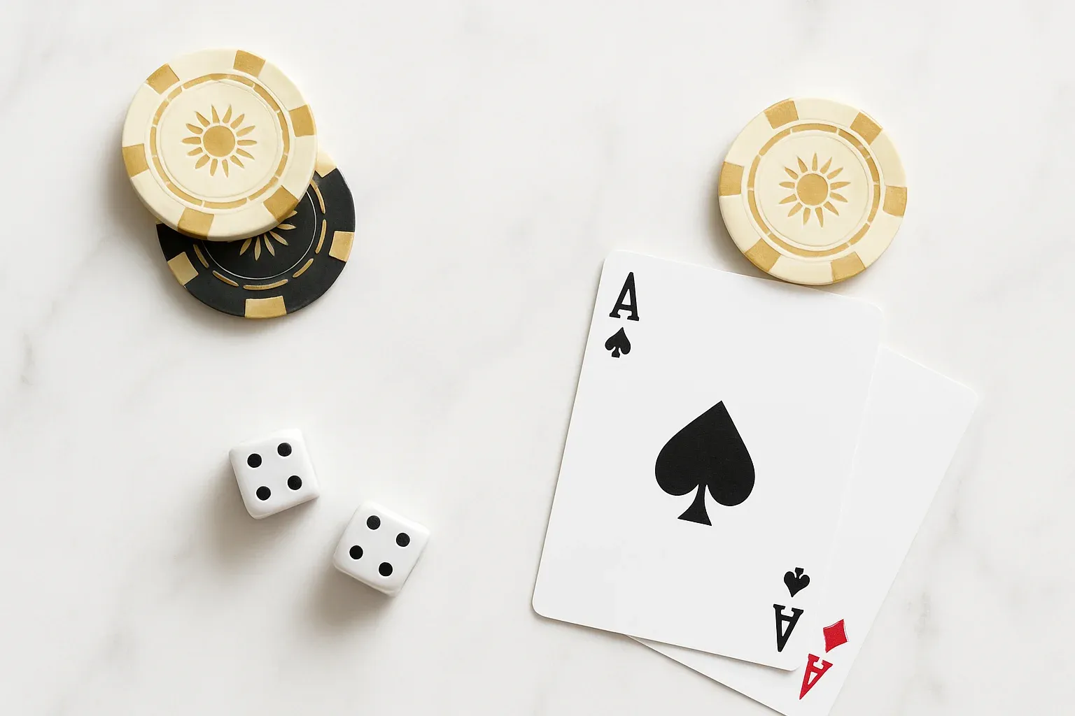 Elegant casino chips, cards, and dice on white marble with gold accents