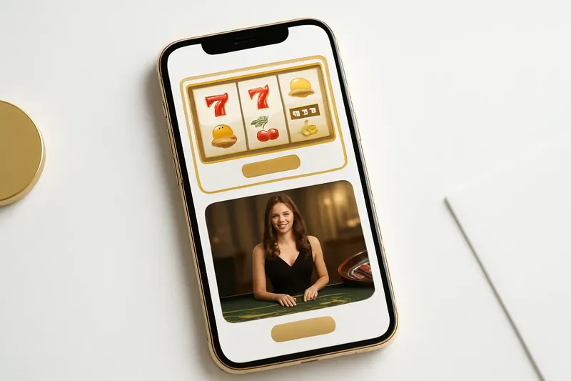 Mobile phone displaying casino app with slots and live games