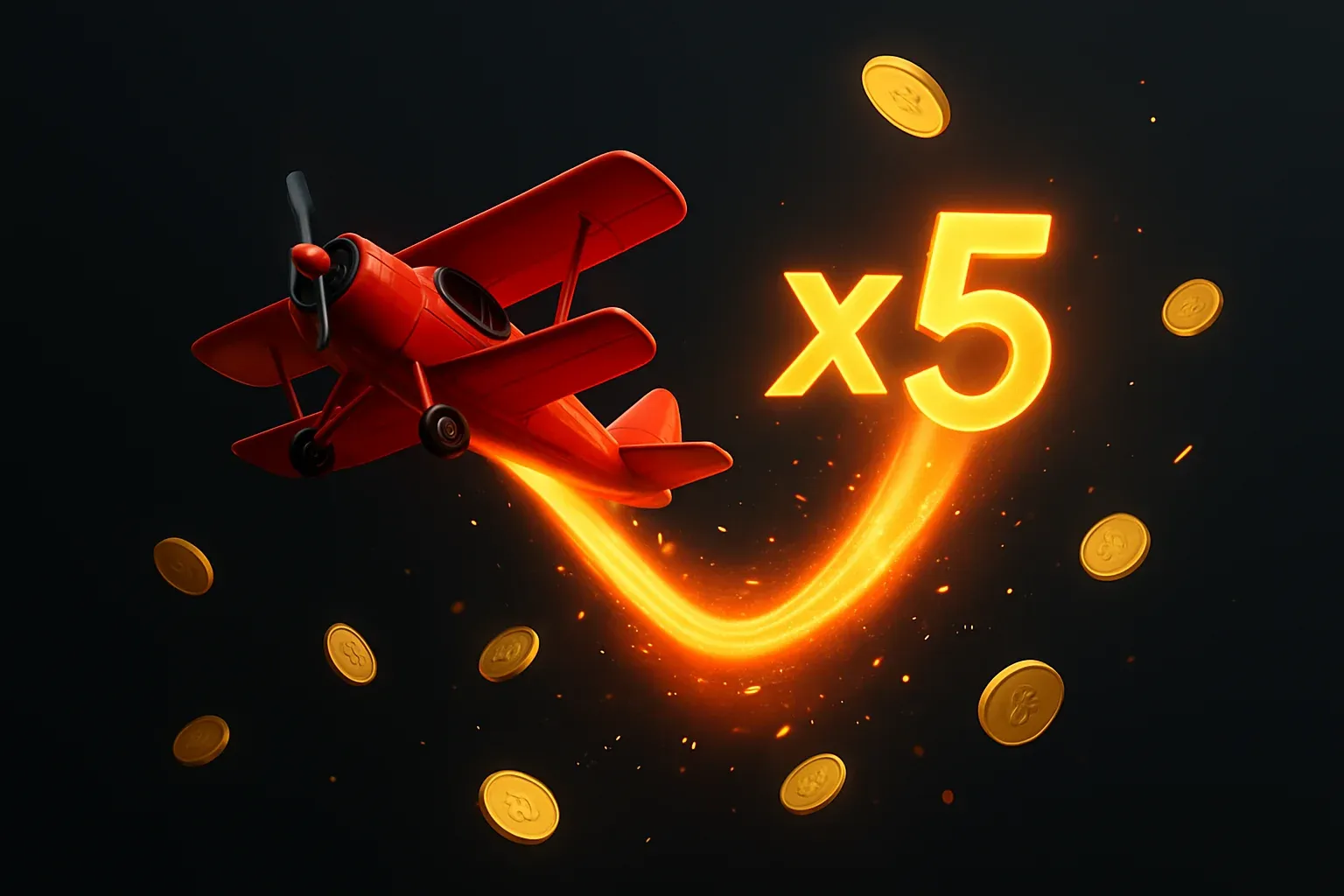 Red airplane climbing with glowing multiplier trail, coins, sparks, neon accents