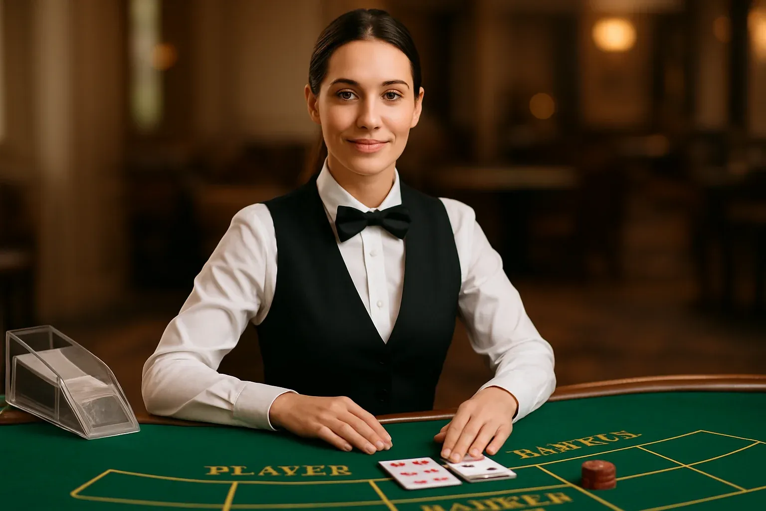 Professional female dealer at elegant live baccarat table with green felt