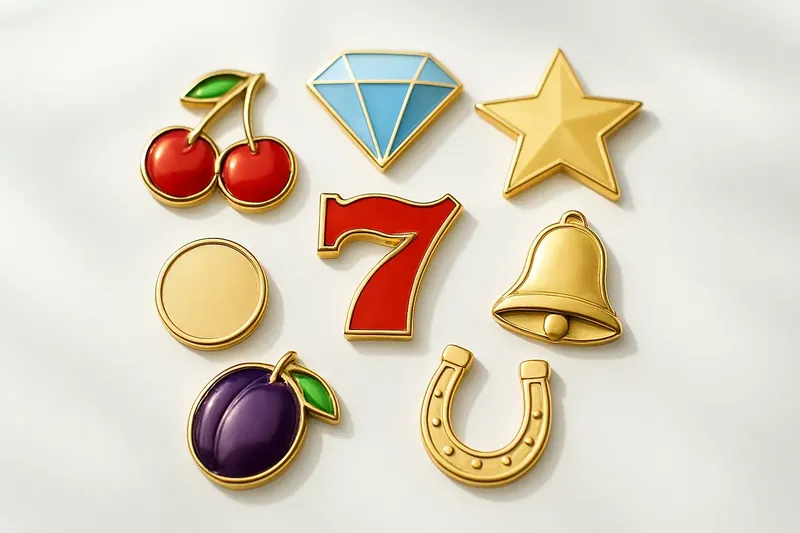 Assorted slot game icons with fruit, diamonds, lucky sevens, and stars