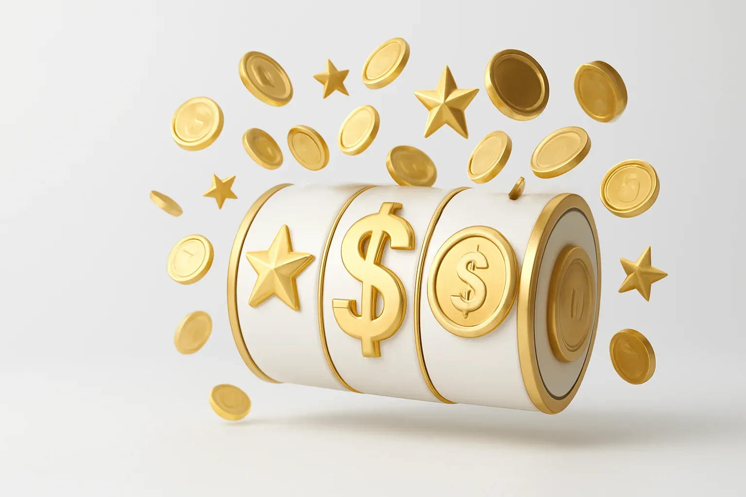 Colorful casino slot reels with gold symbols, coins, and stars bursting